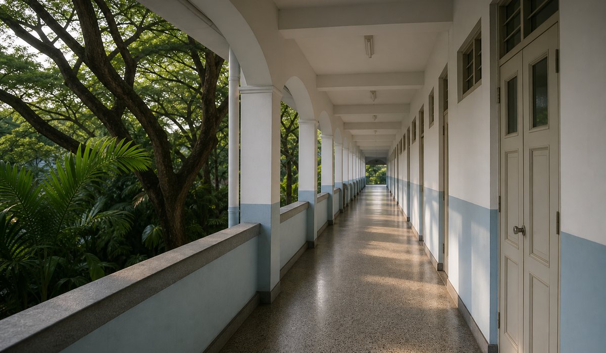 新加坡学校常见的半开放式教学楼外廊（示意图）