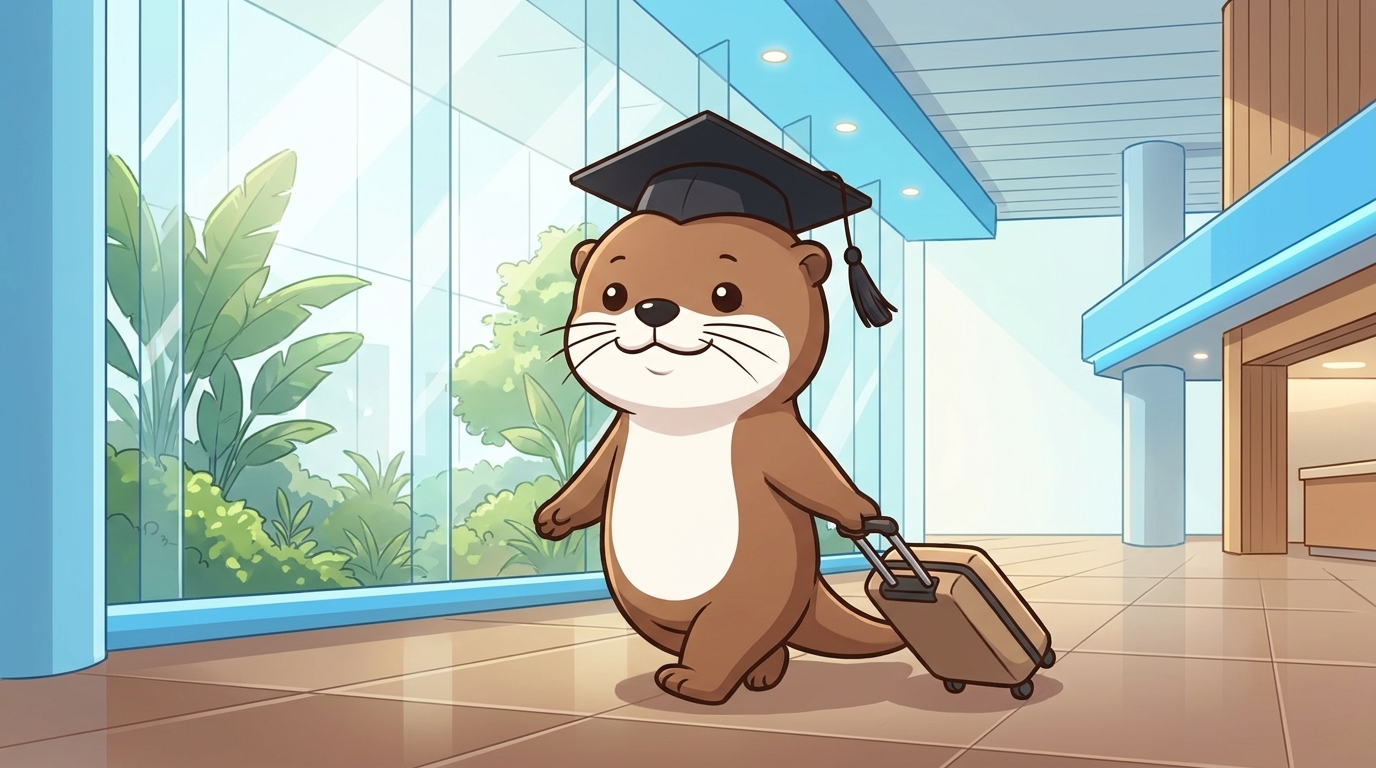 一只戴着学士帽的水獭学生拖着行李在樟宜机场抵达大厅