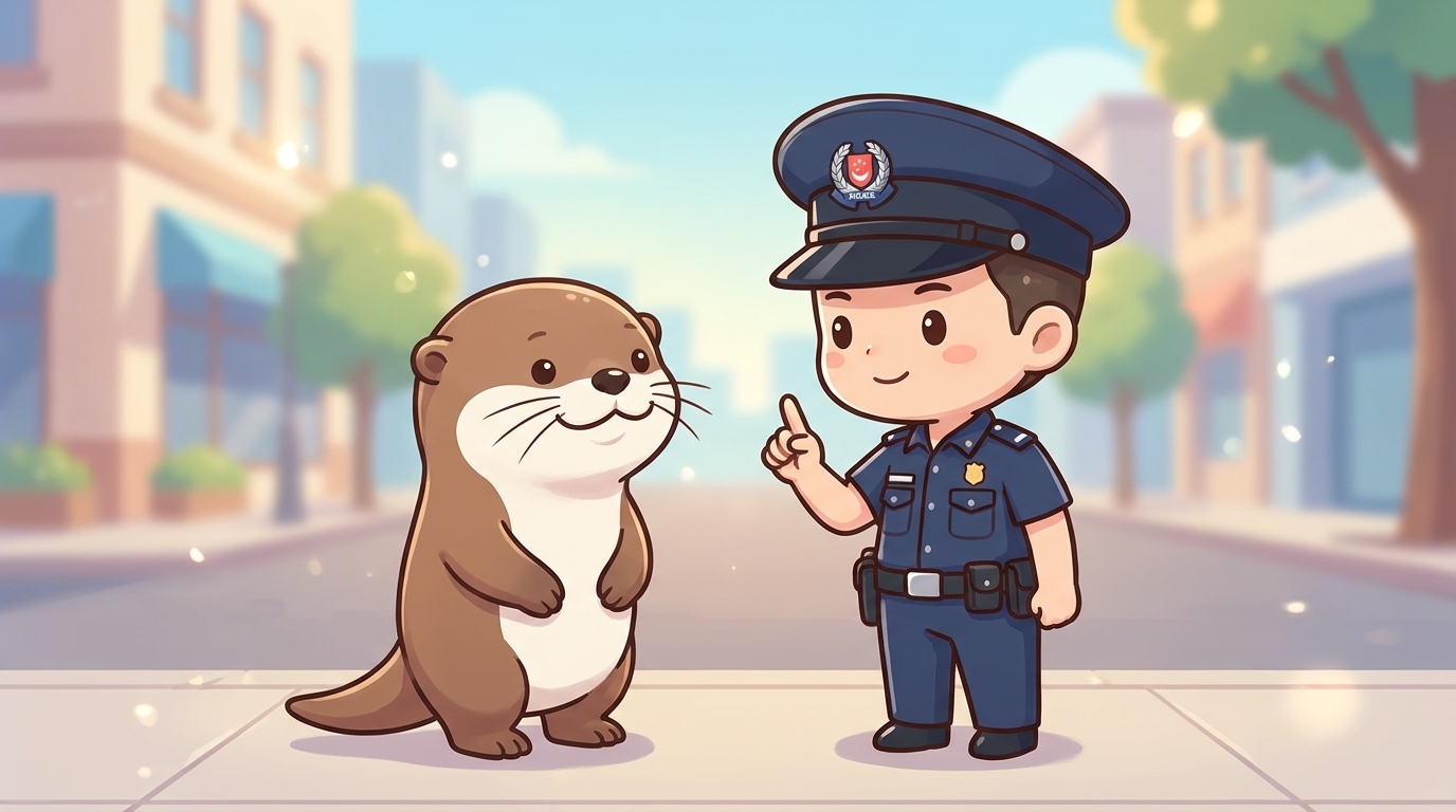 法律警示插图，吉祥物面对警察提示