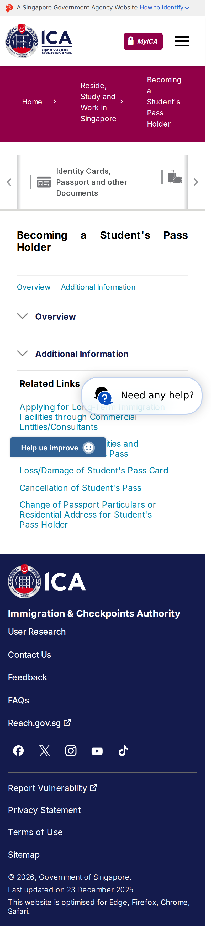 ICA Student Pass 申请页面（手机版）